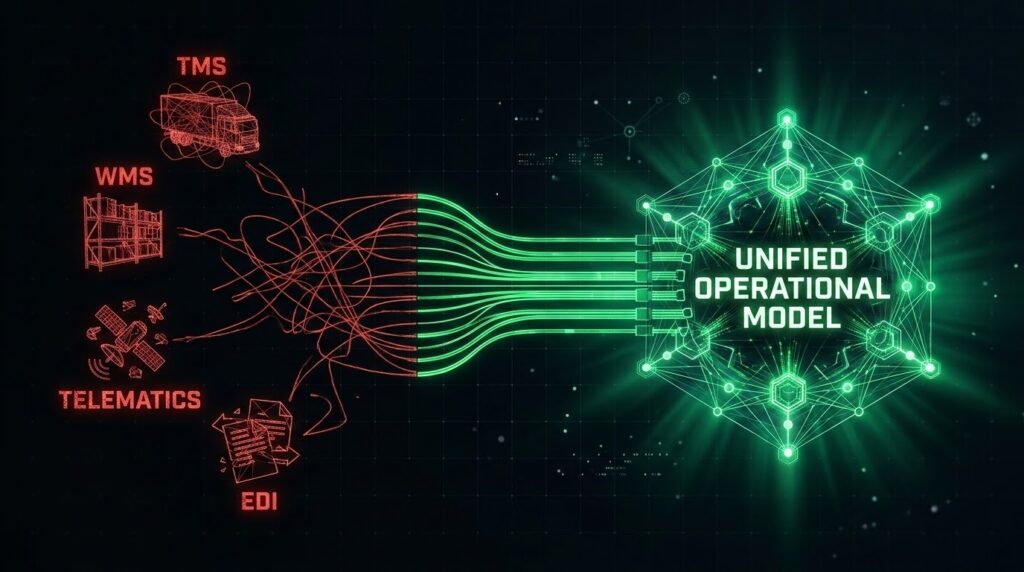 Digital illustration of supply chain visibility software integrating TMS, WMS, telematics, and EDI data streams into a unified operational model, showing multiple logistics systems converging into a centralized real-time intelligence platform.