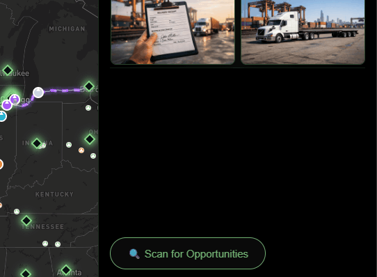 Truzer.ai How It Works step 2: driver Mike submits a POD photo and truck snapshot, then taps "Scan for Opportunities" to query the ontology for backhaul matches.