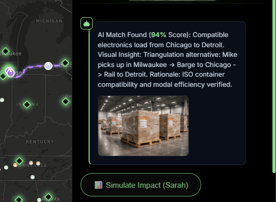 Truzer.ai How It Works step 3: AI Fleet Assistant returns a 94% match for a Chicago-to-Detroit electronics backhaul with a Milwaukee-barge-rail triangulation alternative, ready for Sarah to simulate impact.