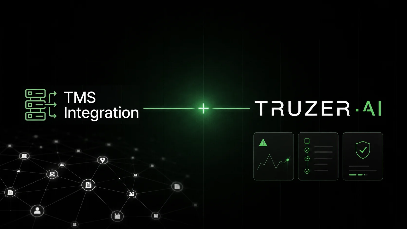 Truzer.ai TMS Integration use case feature graphic showing a TMS server icon connected to the Truzer.ai logo above an AI ontology network and dashboard tiles.