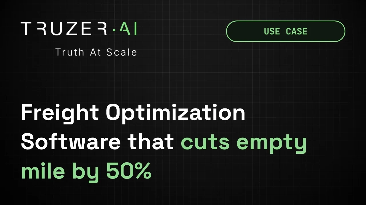 Truzer.ai Freight Optimization Software use case feature graphic with the headline "cuts empty mile by 50%" on a dark grid background.