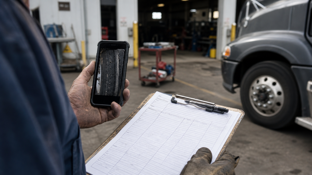Fleet maintenance technician documenting a commercial truck inspection with a smartphone and DOT compliance checklist clipboard inside a vehicle service bay, supporting digital recordkeeping and pre-trip safety verification.