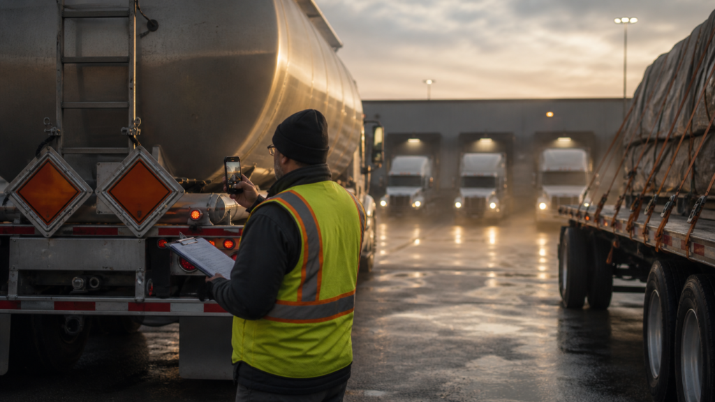 Truck driver performing a DOT compliance inspection at a freight terminal during early morning operations, using a mobile device and checklist to verify trailer safety, hazardous material placards, and vehicle readiness before dispatch.