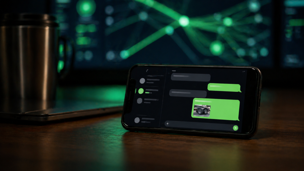 Smartphone displaying real-time fleet communication and inspection updates beside a logistics monitoring dashboard, illustrating digital DOT compliance workflows and instant driver-to-dispatch coordination.