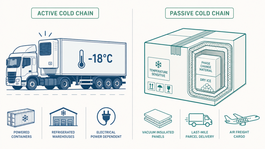Clean flat-design infographic comparing active cold chain logistics using refrigerated transport and powered warehouses with passive cold chain packaging using insulated parcel boxes, phase-change materials, and dry ice.