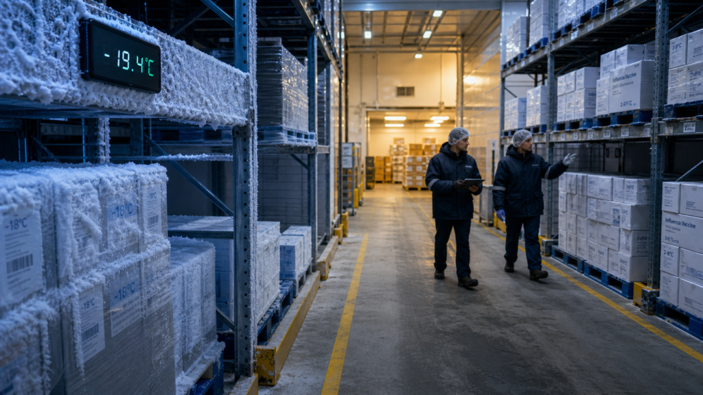 Wide-angle documentary-style photograph inside a refrigerated pharmaceutical warehouse showing frozen, chilled, and room-temperature storage zones with frost-covered pallets, warehouse operators using a tablet, and a digital display reading -19.4°C. Cold chain logistics.